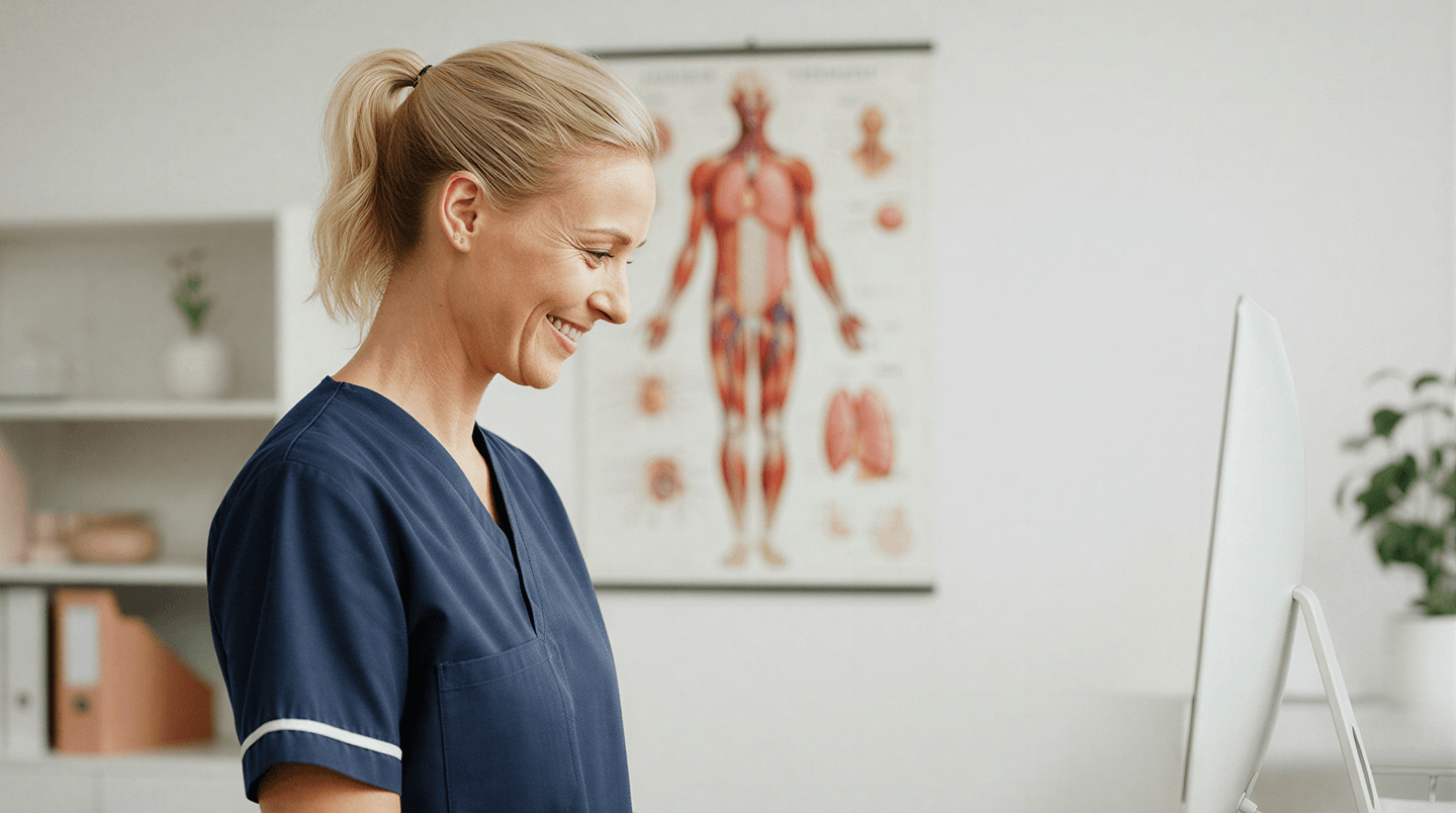 Female nurse smiling at computer medical office anatomy chart