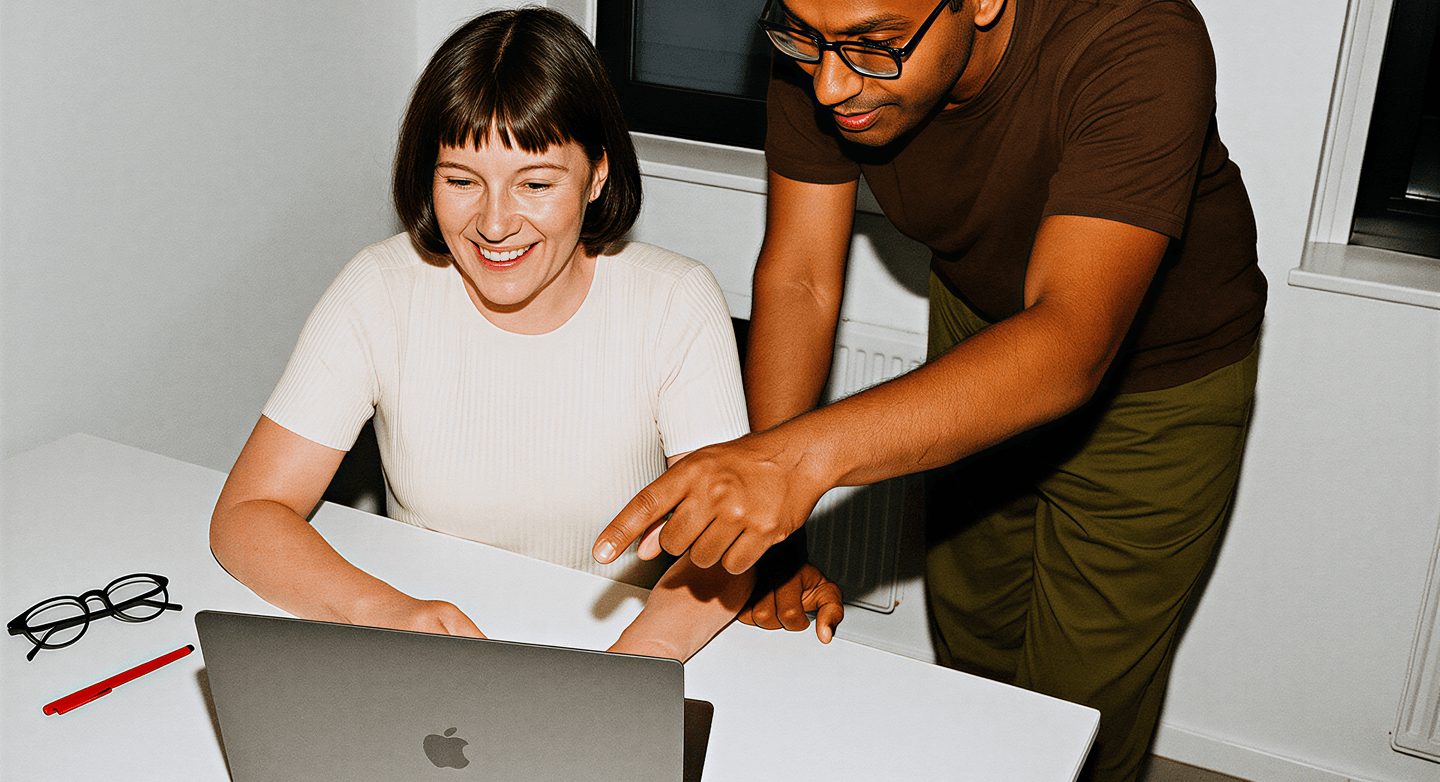 Diverse coworkers collaborating laptop office