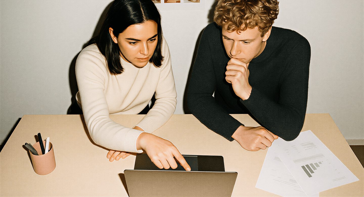 Two colleagues reviewing documents laptop desk