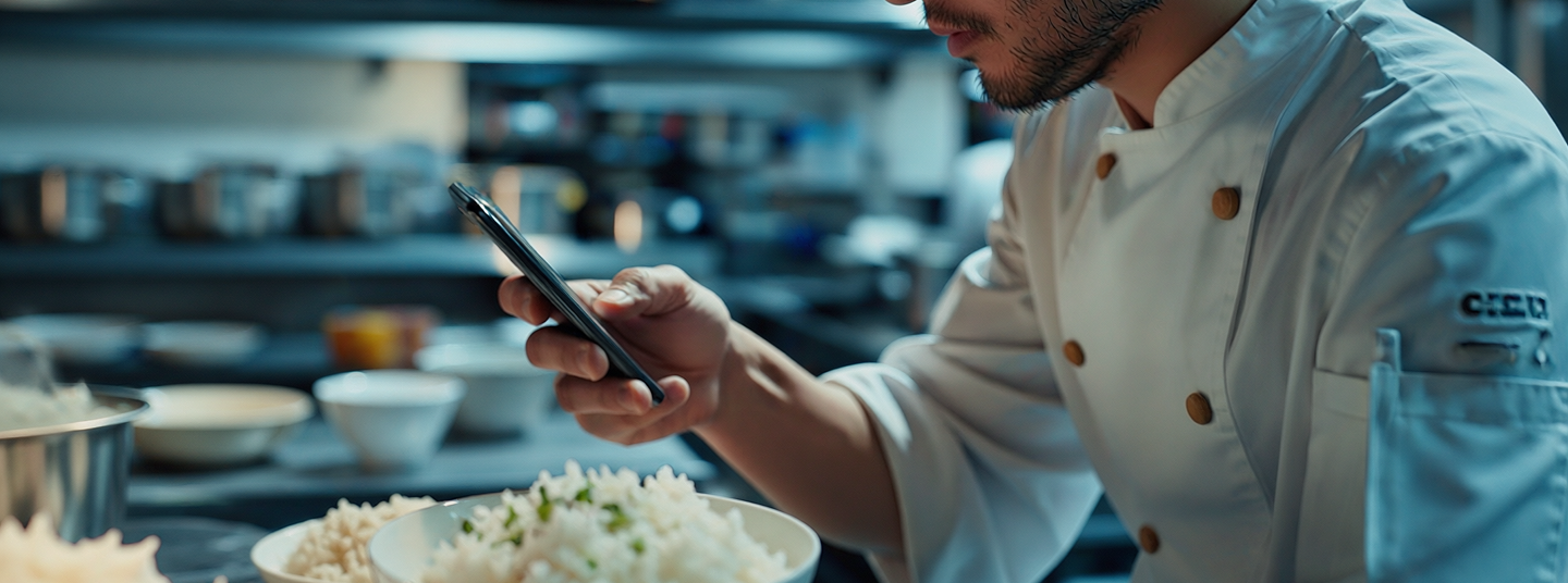 Chef checking smartphone food plating kitchen banner