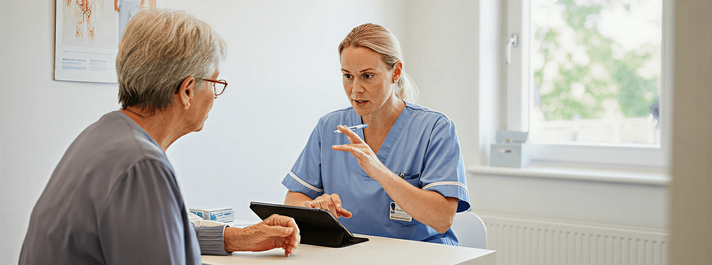 Nurse consulting patient with tablet banner