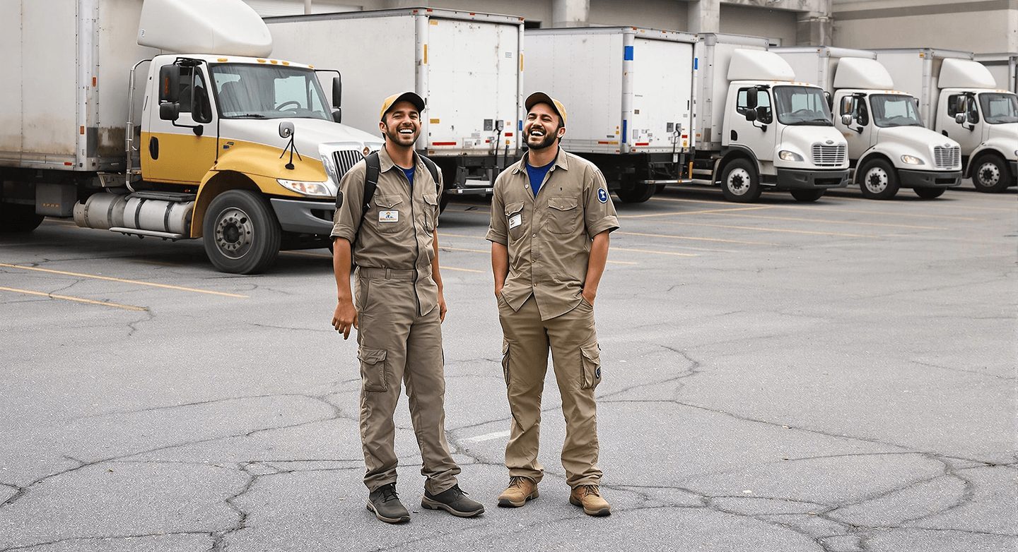 Two delivery truck drivers smiling logistics fleet