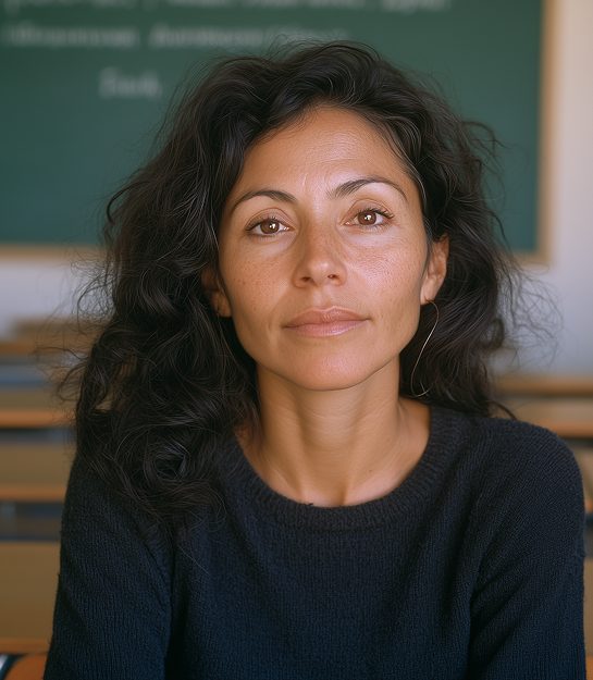 Female teacher portrait classroom chalkboard